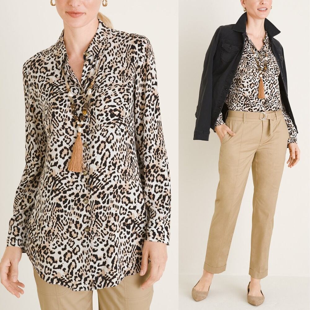 Chico’s Sz 0 Small Twill Bold Cheetah Animal Print Long Sleeve Button Down Top